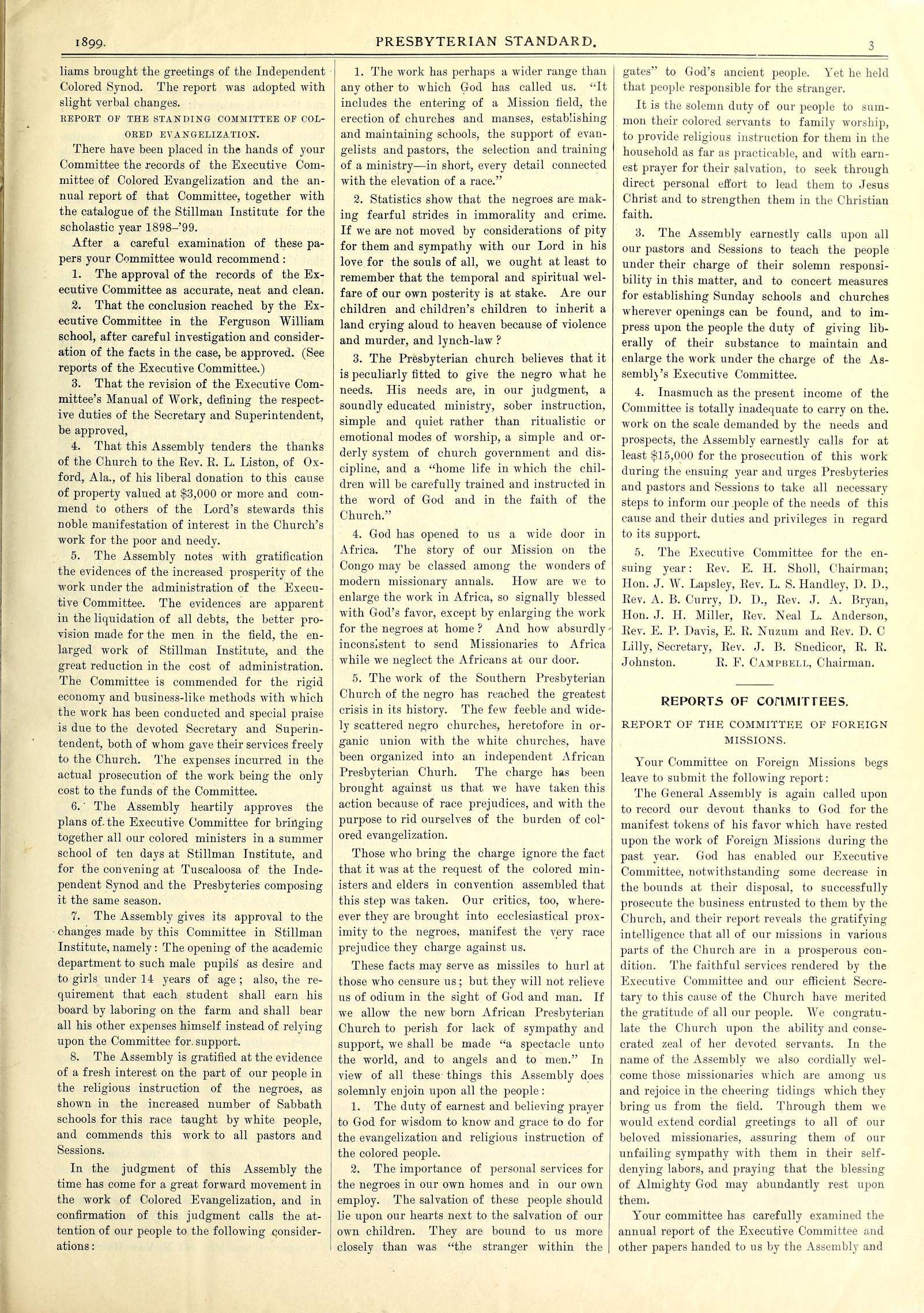 Report on the Standing Committee of Colored Evangelization